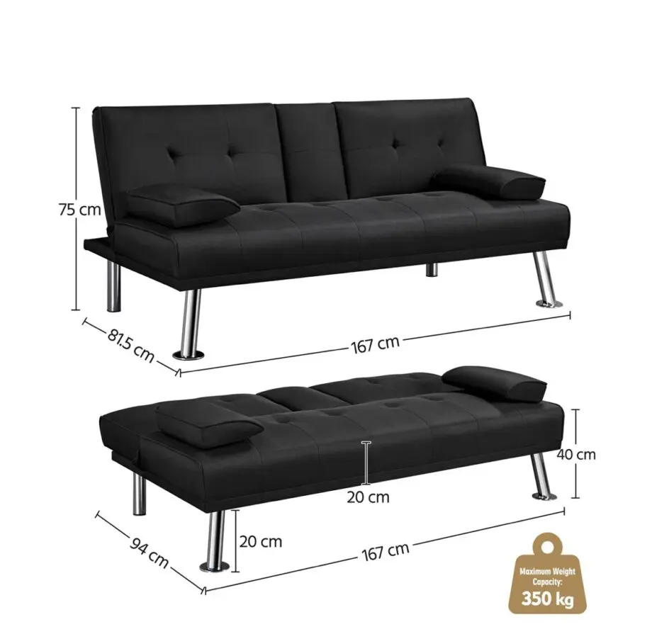 Black 3-seater convertible sofabed