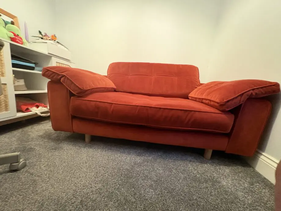 DFS Burnt Orange Kent Velvet Cuddler Sofa