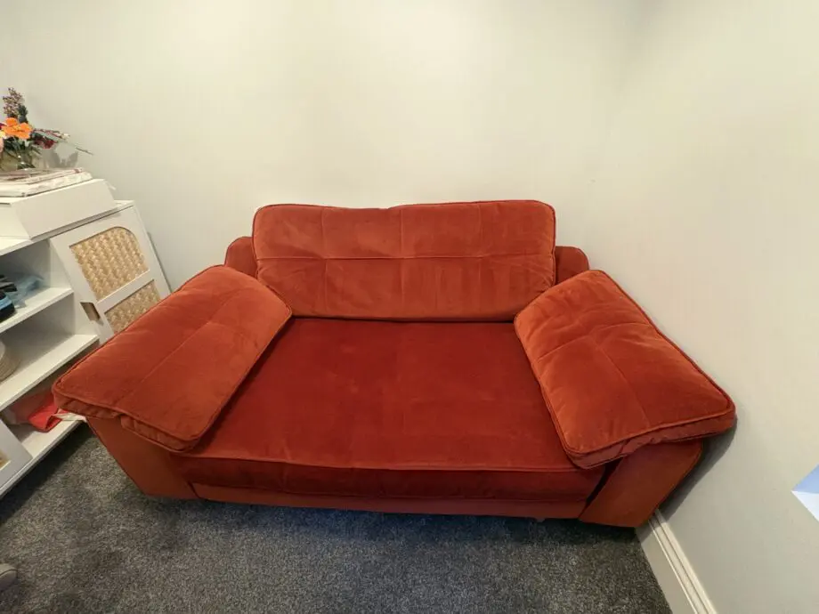 DFS Burnt Orange Kent Velvet Cuddler Sofa