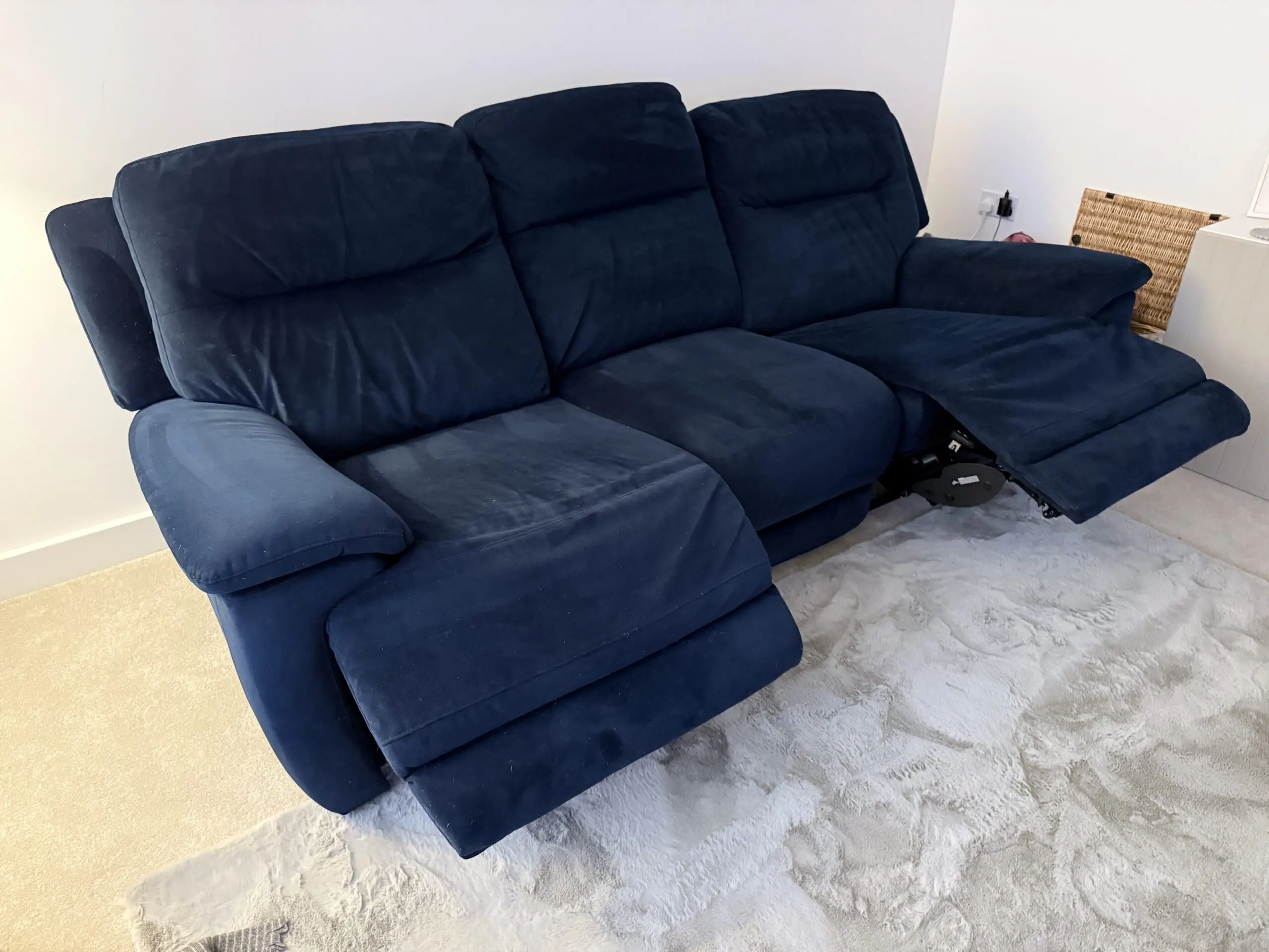 Furniture Village Touch Navy Blue Velvet Powered Recliner Sofa