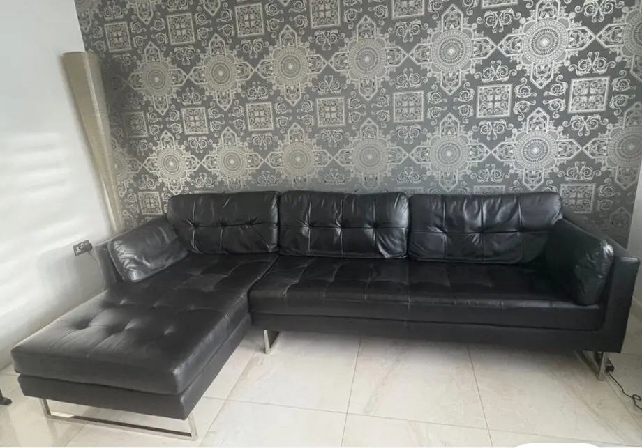 Dwell black leather L-Shaped sofa