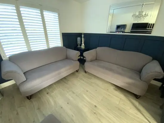 Sofology Iron Grey fabric with dark wood feet