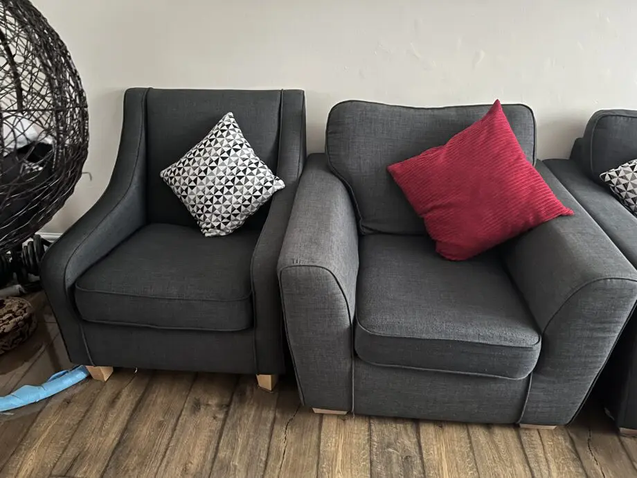 DFS charcoal sofa, two sofa chair and a footstool.