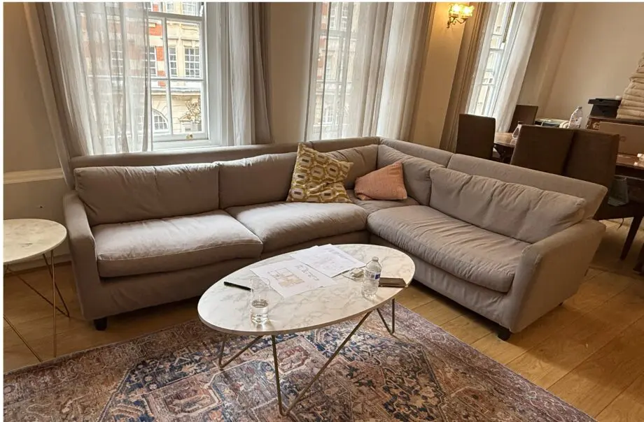 Corner sofa, light grey fabric, 200 x 260 cm