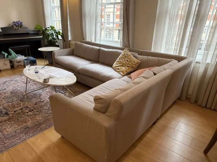 Corner sofa, light grey fabric, 200 x 260 cm