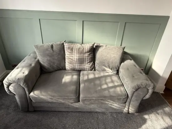 Grey Chesterfield style sofa and arm chair