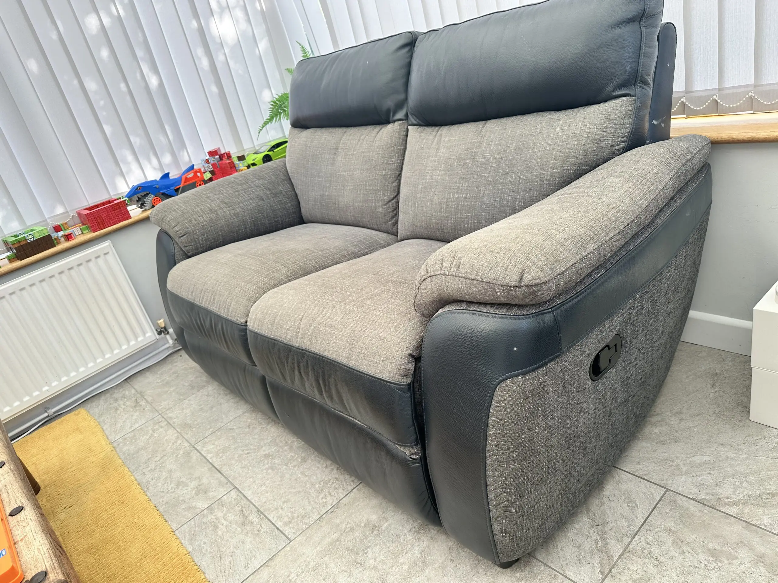 Charcoal fabric and leather recliner sofa set with footstool