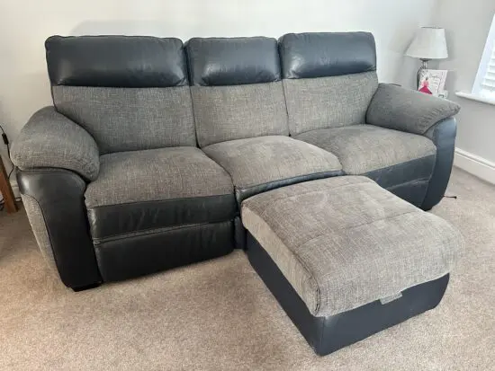Charcoal fabric and leather recliner sofa set with footstool