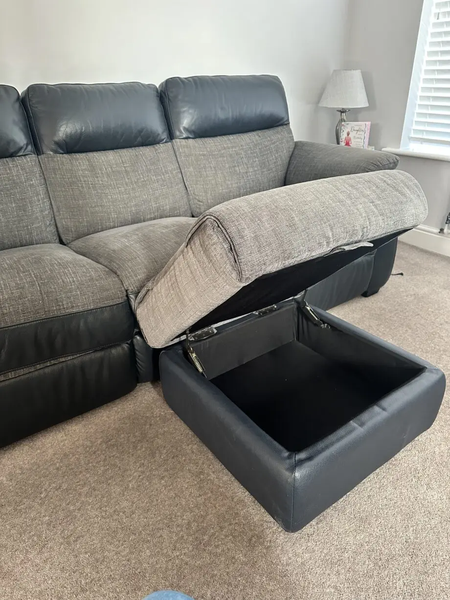 Charcoal fabric and leather recliner sofa set with footstool