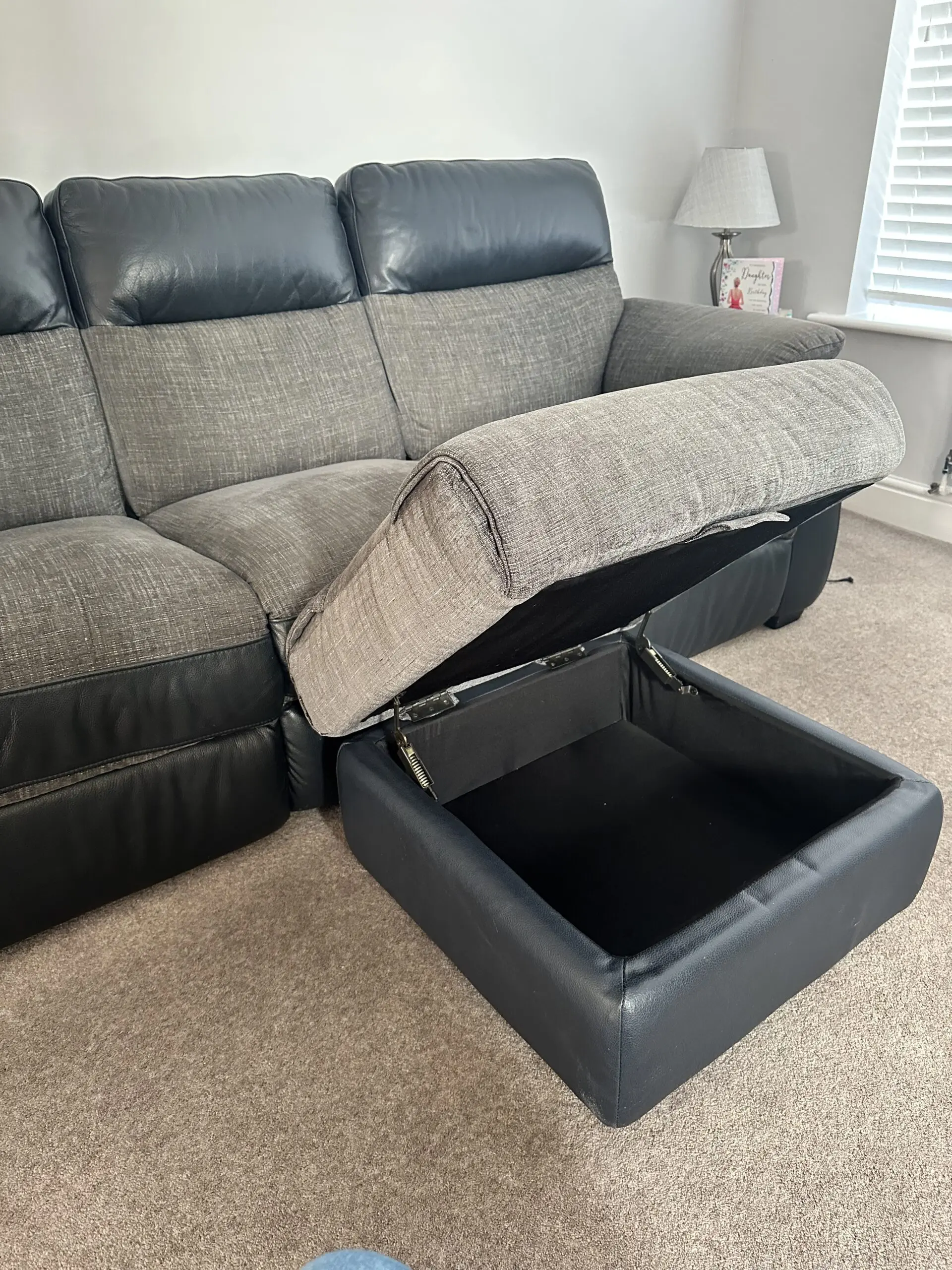 Charcoal fabric and leather recliner sofa set with footstool