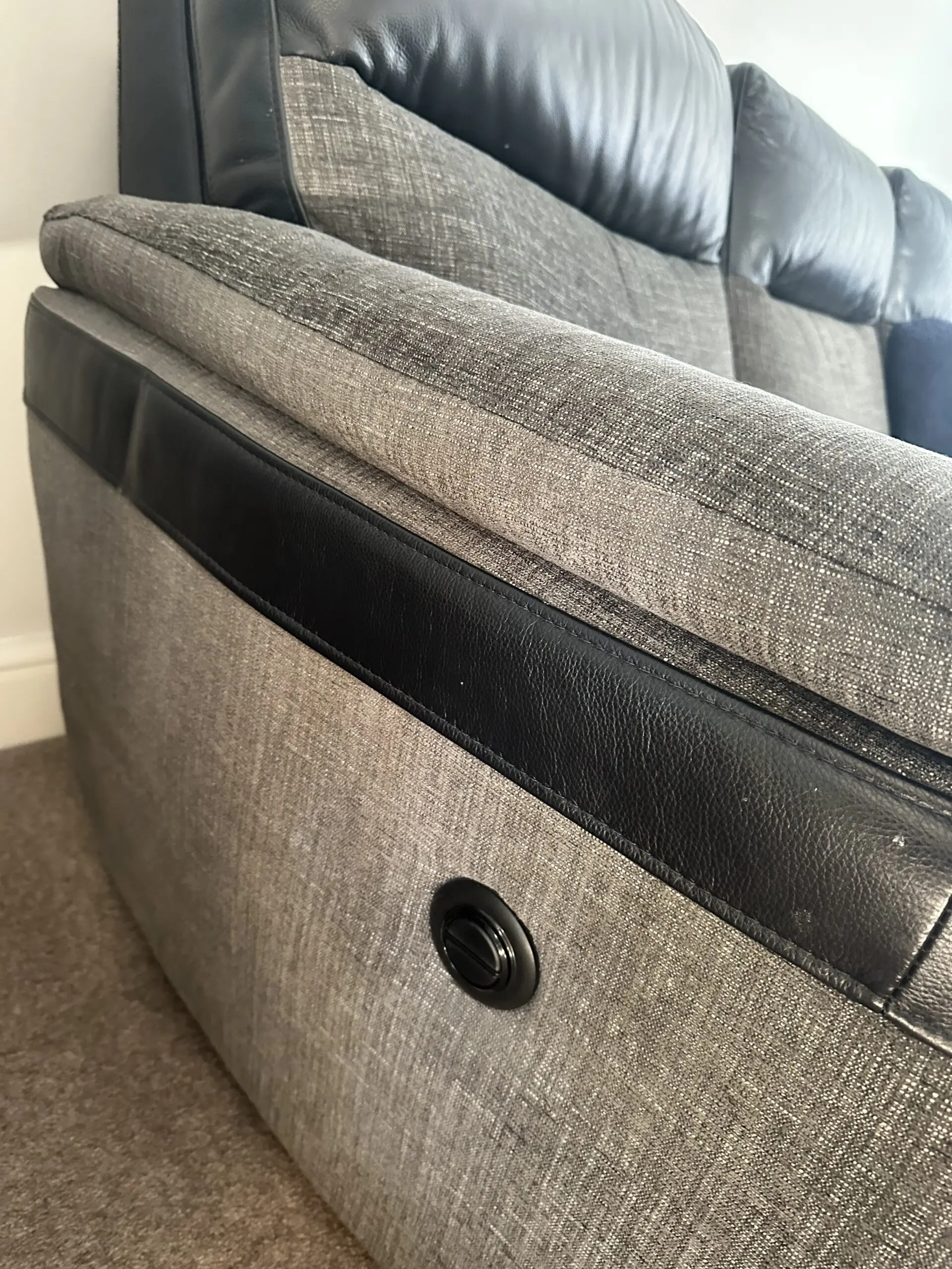 Charcoal fabric and leather recliner sofa set with footstool