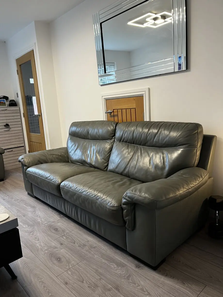 Sofology Grey Leather 3 seater, 2 seater and foot stool with storage