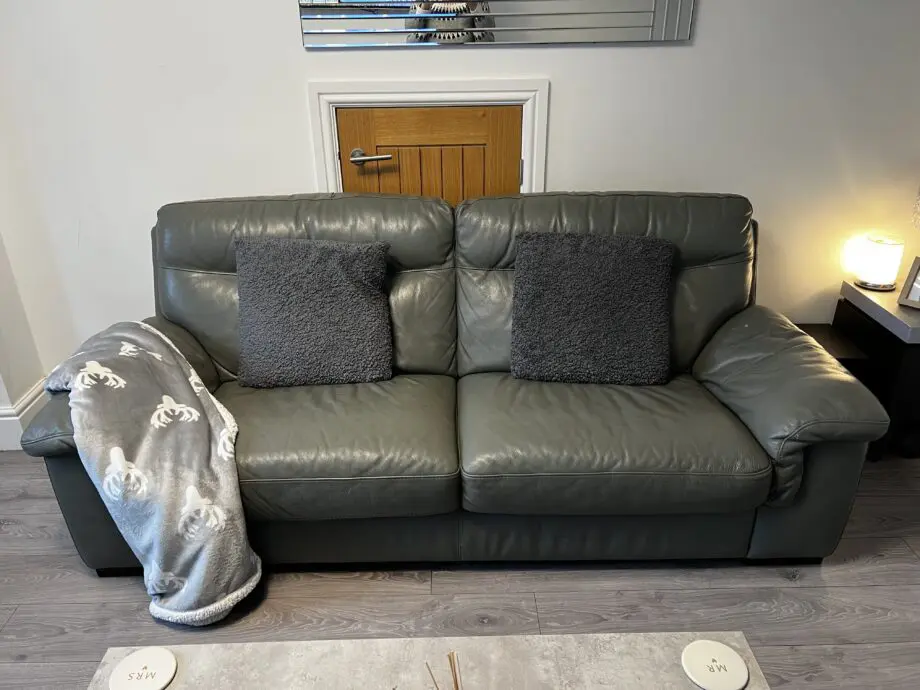 Sofology Grey Leather 3 seater, 2 seater and foot stool with storage