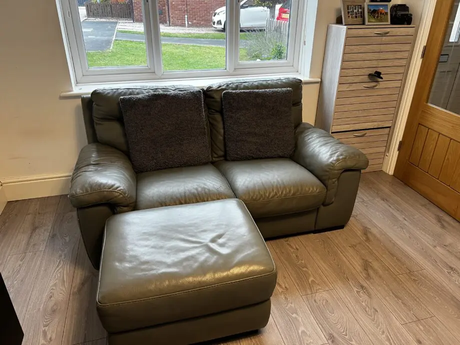 Sofology Grey Leather 3 seater, 2 seater and foot stool with storage