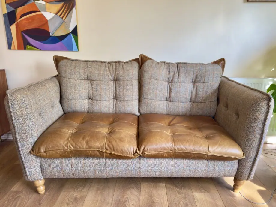 Regent Hunting Lodge Harris Tweed & Vintage Brown Leather two seater Sofa