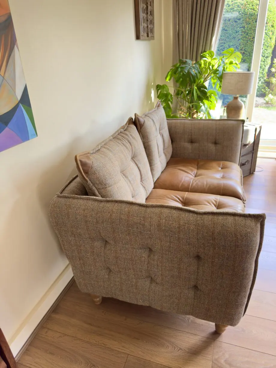 Regent Hunting Lodge Harris Tweed & Vintage Brown Leather two seater Sofa