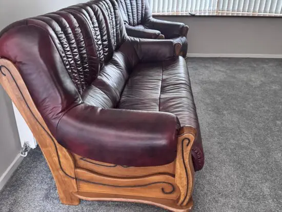 Dfs 3 piece leather sofa set maroon and wooden
