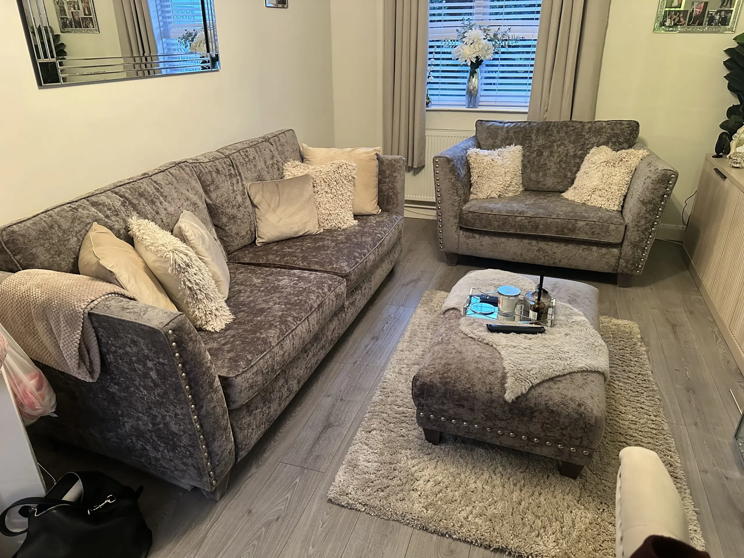 4 seater sofa , 2 seater snuggle chair and foot stool