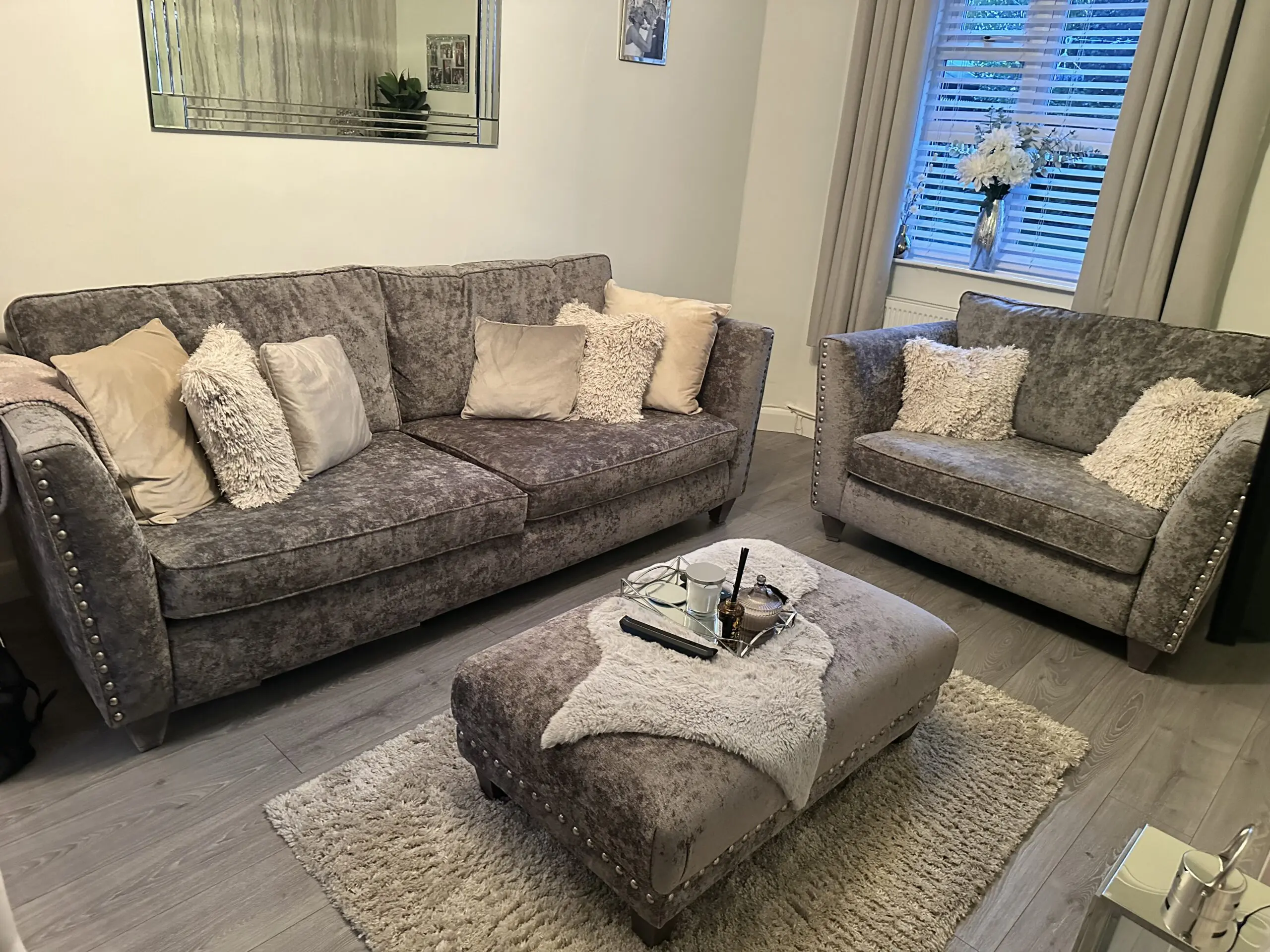 4 seater sofa , 2 seater snuggle chair and foot stool