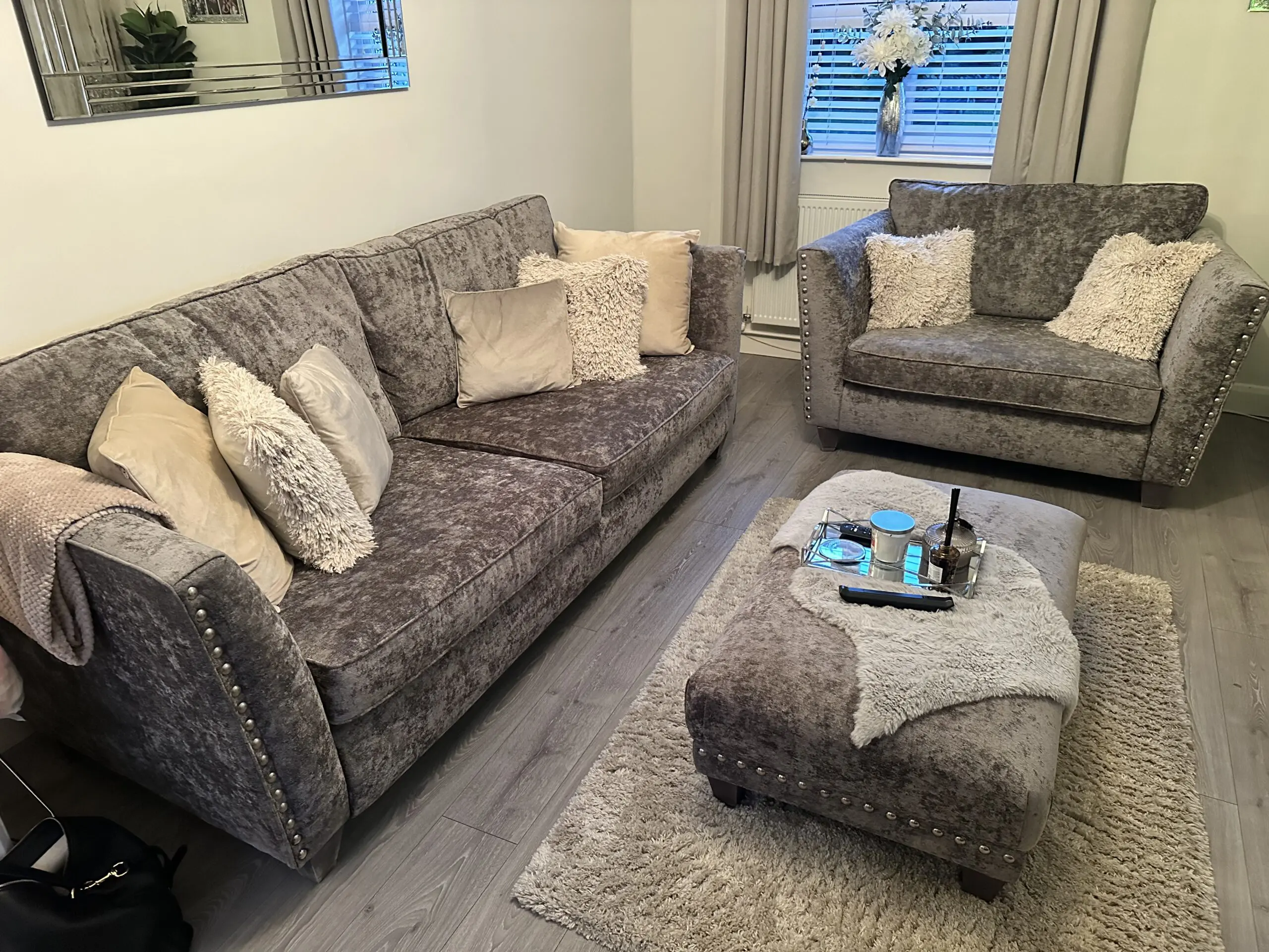 4 seater sofa , 2 seater snuggle chair and foot stool