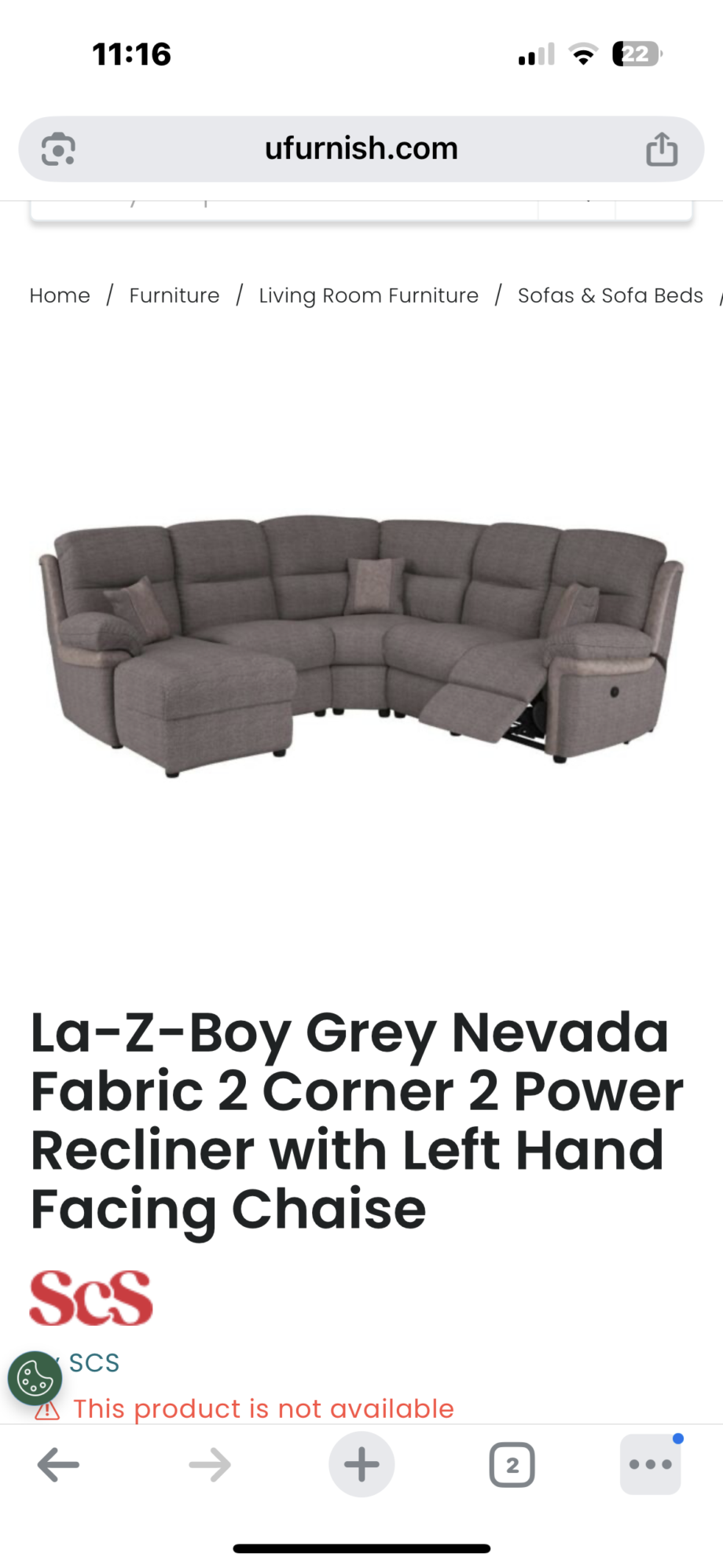 Lazy Boy Nevada Corner Sofa with chaise and manual recliner