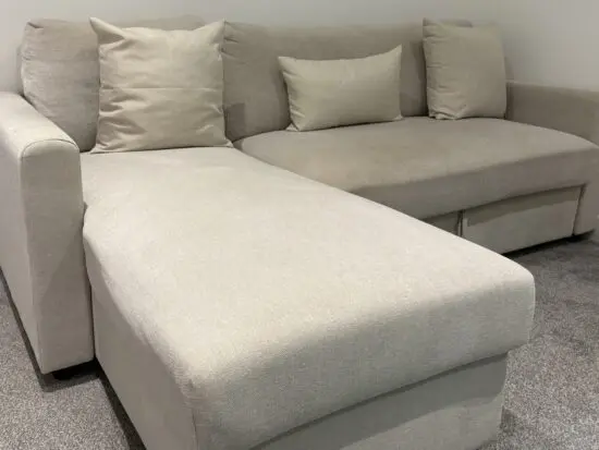 Comfortable corner sofa bed, cream, easily folds out