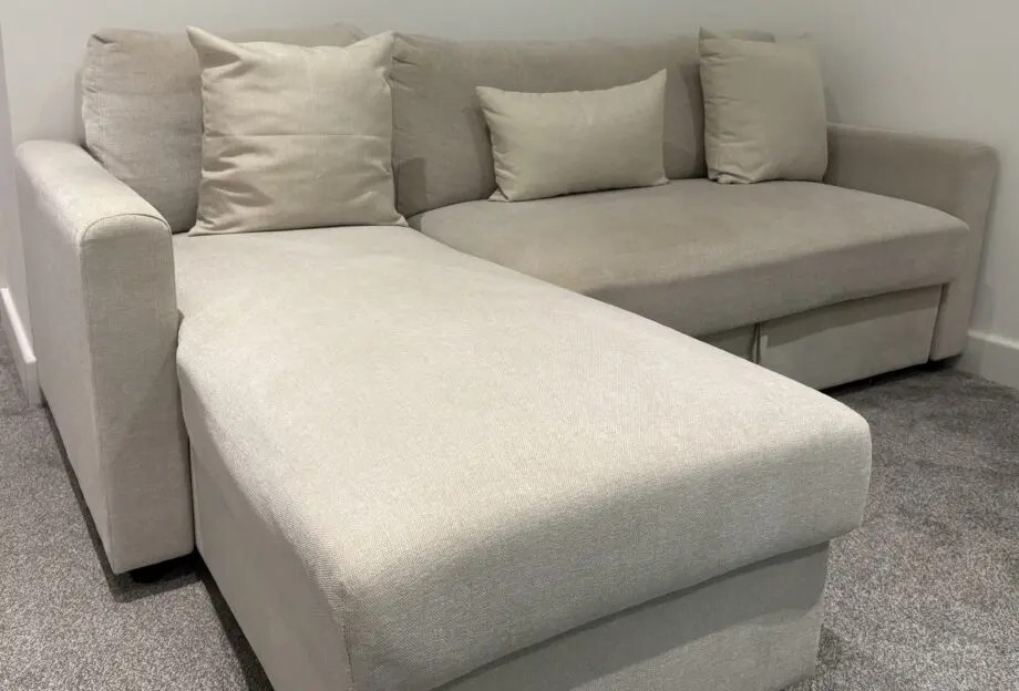 Comfortable corner sofa bed, cream, easily folds out