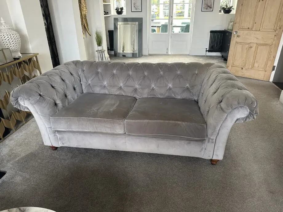 2 grey velvet Chesterfield sofas 1 with Chaise