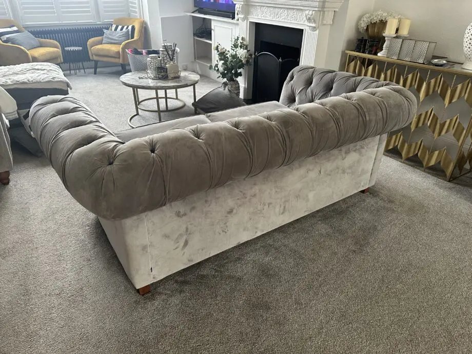 2 grey velvet Chesterfield sofas 1 with Chaise