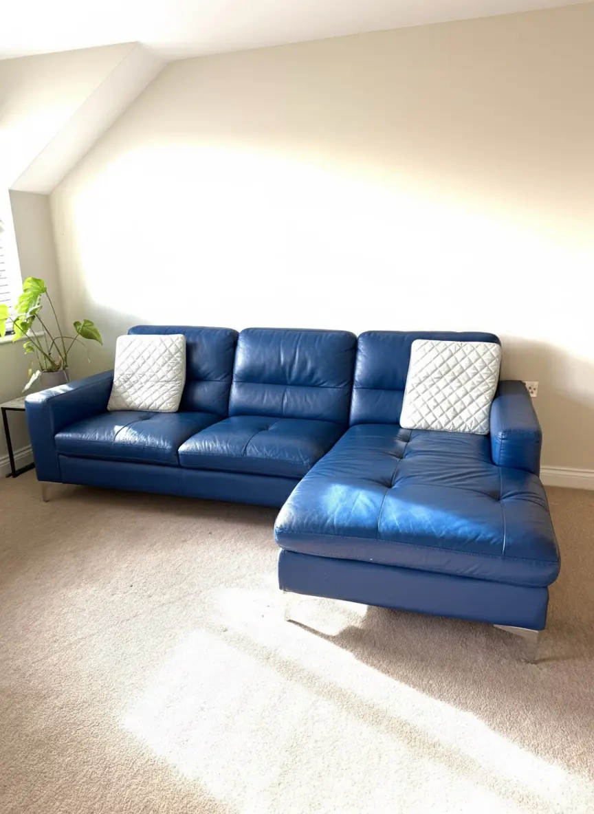 Leather navy blue 5 piece sofa set including l shaped sofa, armchair, swivel chair and footstools