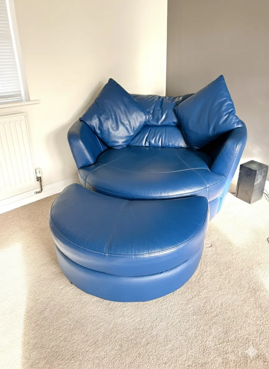 Leather navy blue 5 piece sofa set including l shaped sofa, armchair, swivel chair and footstools
