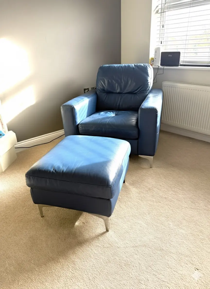 Leather navy blue 5 piece sofa set including l shaped sofa, armchair, swivel chair and footstools