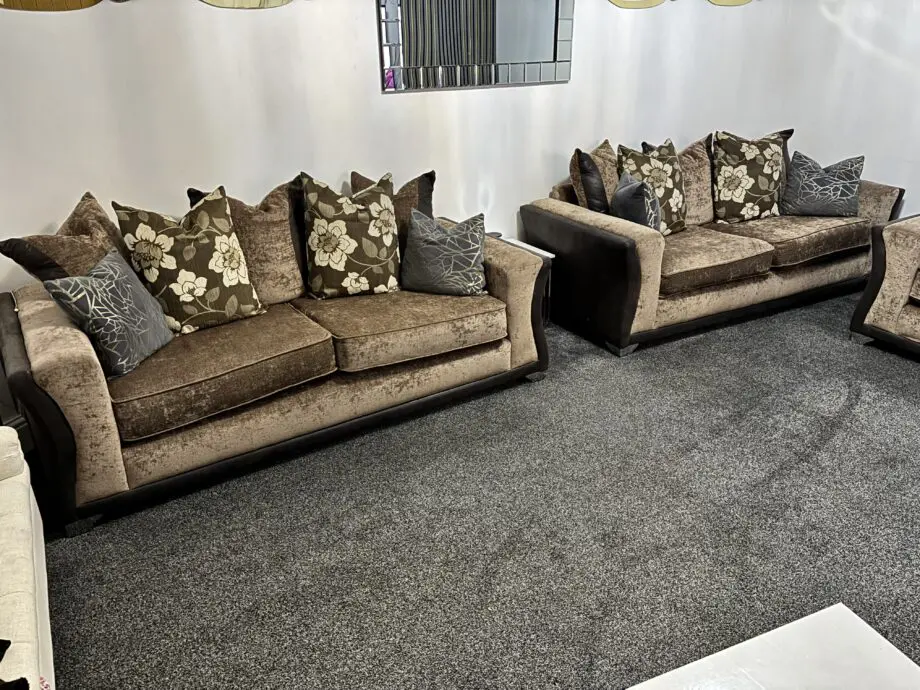 3+2+2 Sofa Set cushions included, brown Leather and Fabric
