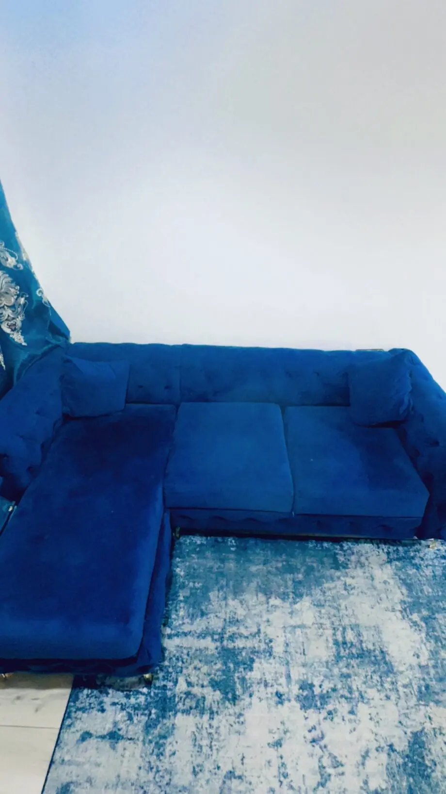 Modern Blue Velvet Sectional Sofa – Great Condition