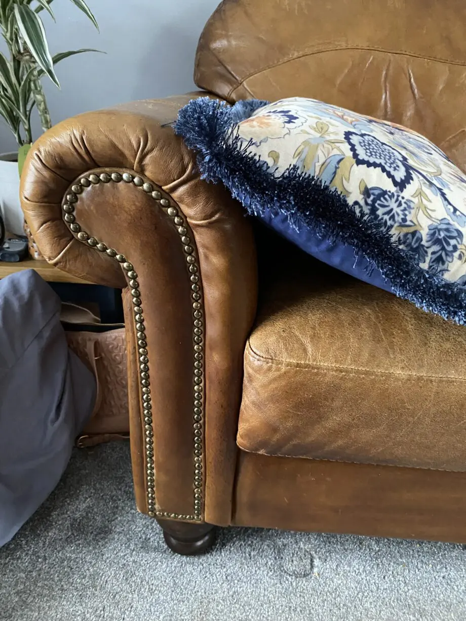 Gorgeous hand dyed tan sofa, paid £550 a year ago !