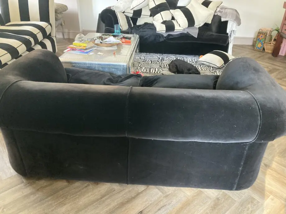 Heals 4 Seater and 3 Seater sofas. Black velvet. Chesterfield Style.