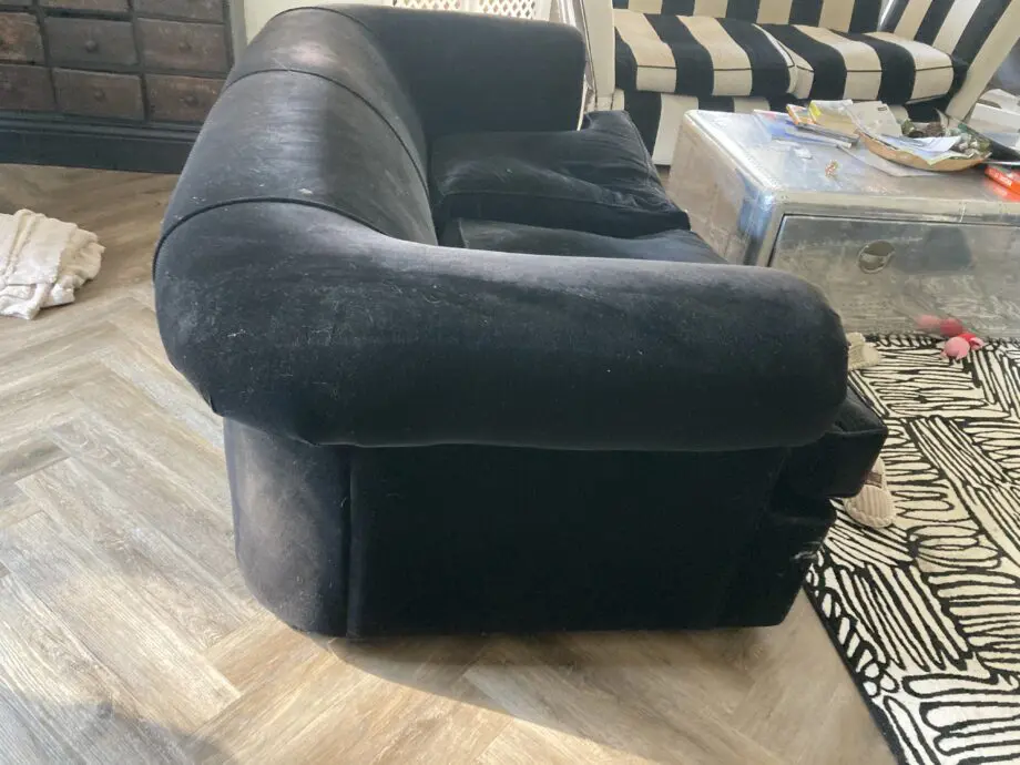 Heals 4 Seater and 3 Seater sofas. Black velvet. Chesterfield Style.