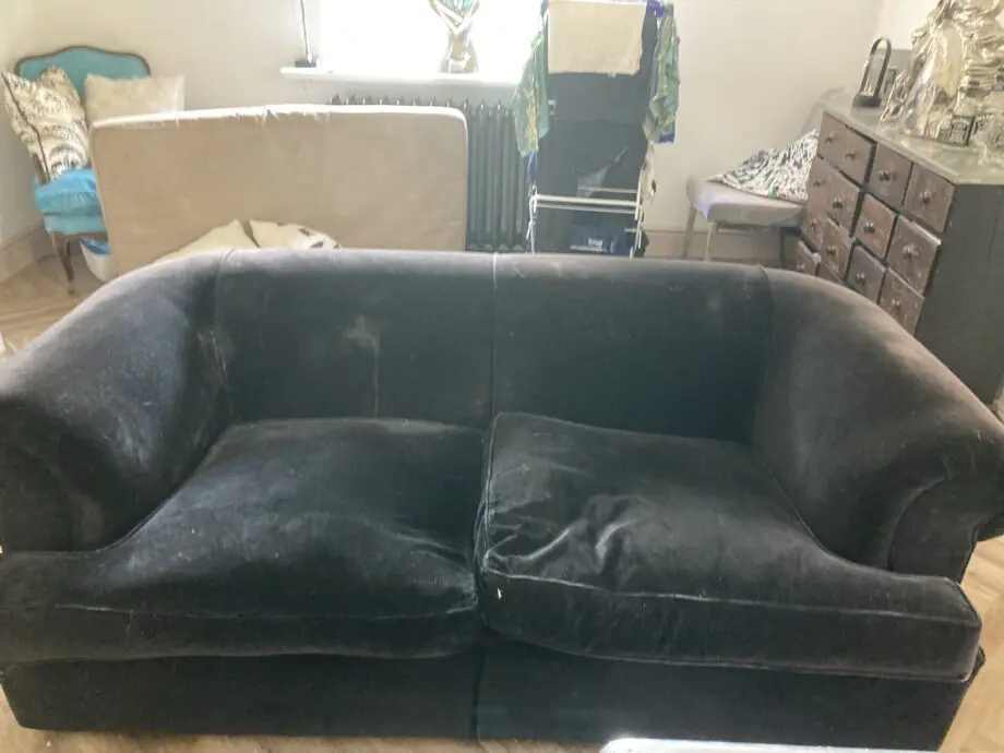 Heals 4 Seater and 3 Seater sofas. Black velvet. Chesterfield Style.