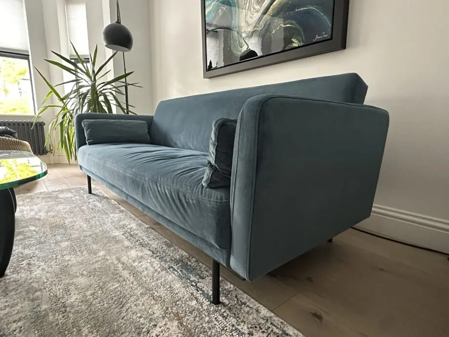 MADE Harlow click clack sofa bed steel blue velvet