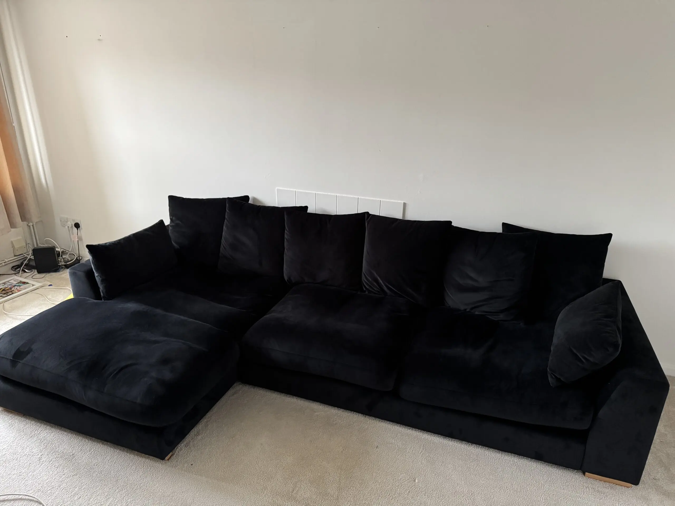Black Plush Velvet Corner Sofa Chaise End Large