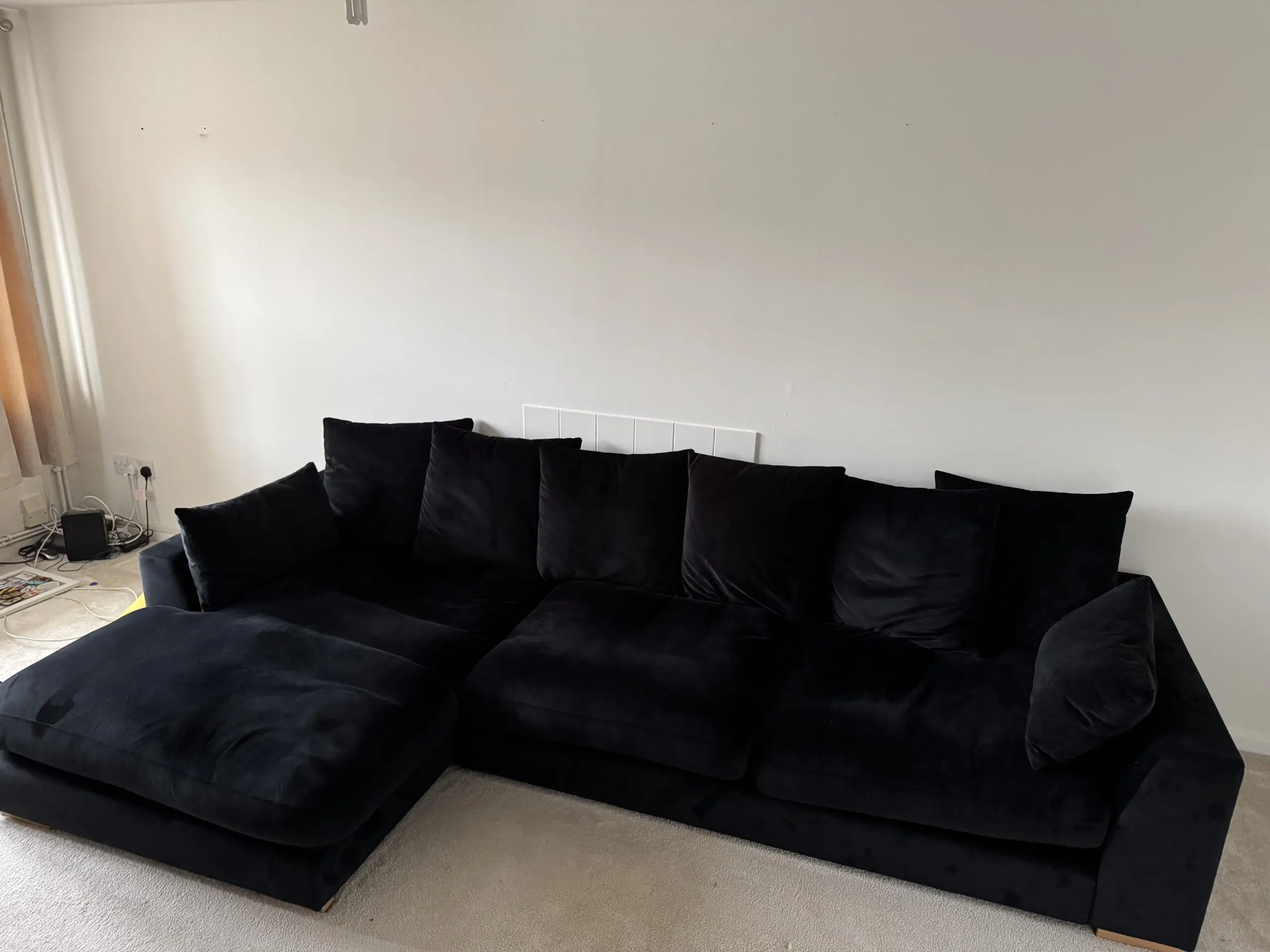 Black Plush Velvet Corner Sofa Chaise End Large