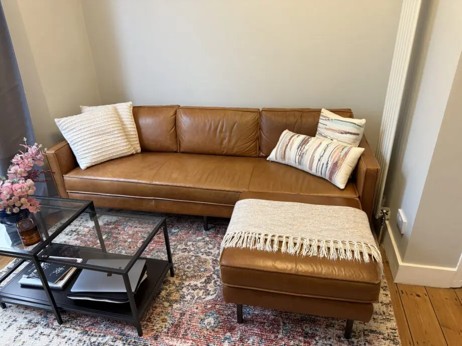 West Elm Axel Leather Sofa with Footstool Ottoman