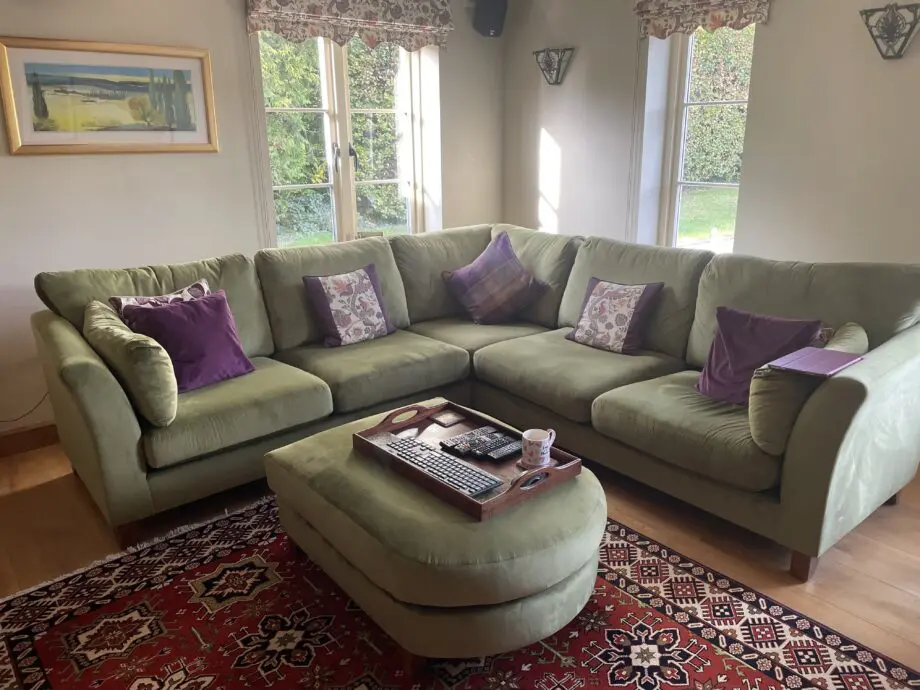 M&S green velvet corner sofa, five seater with foot stool