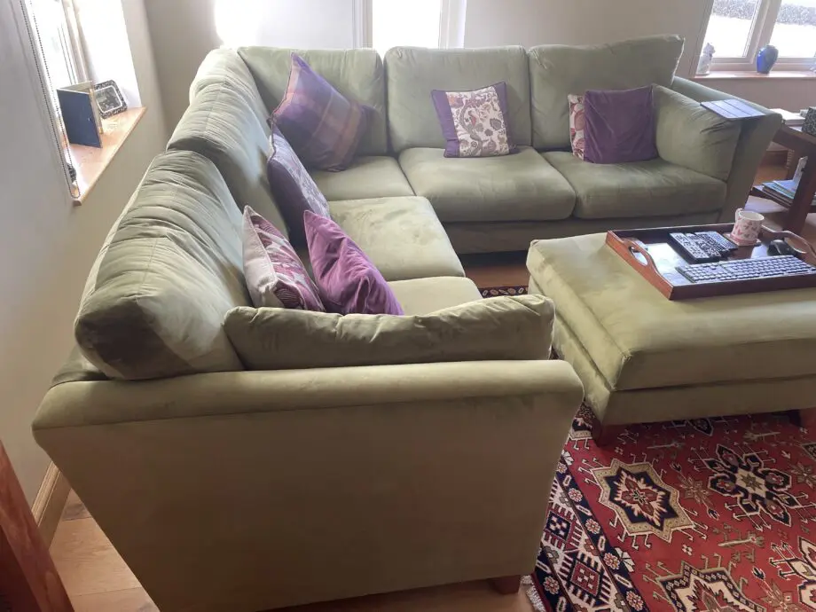 M&S green velvet corner sofa, five seater with foot stool