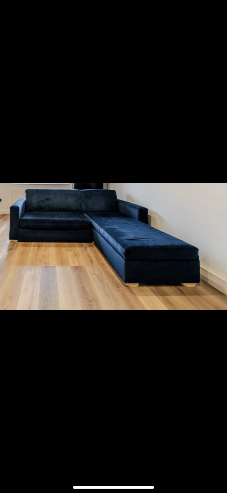 L shaped Blue Velvet Launceston 2 Seater Storage Chaise Sofa Bed