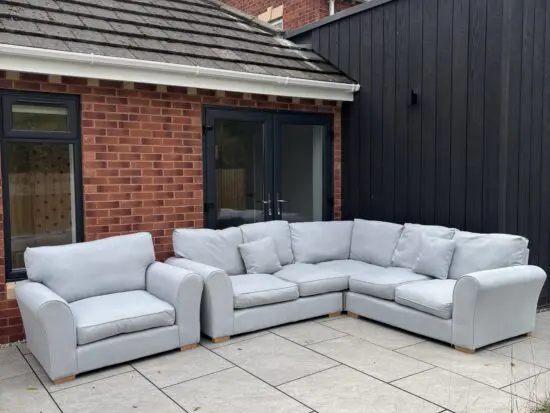 LIGHT BLUE CORNER SOFA AND ARMCHAIR
