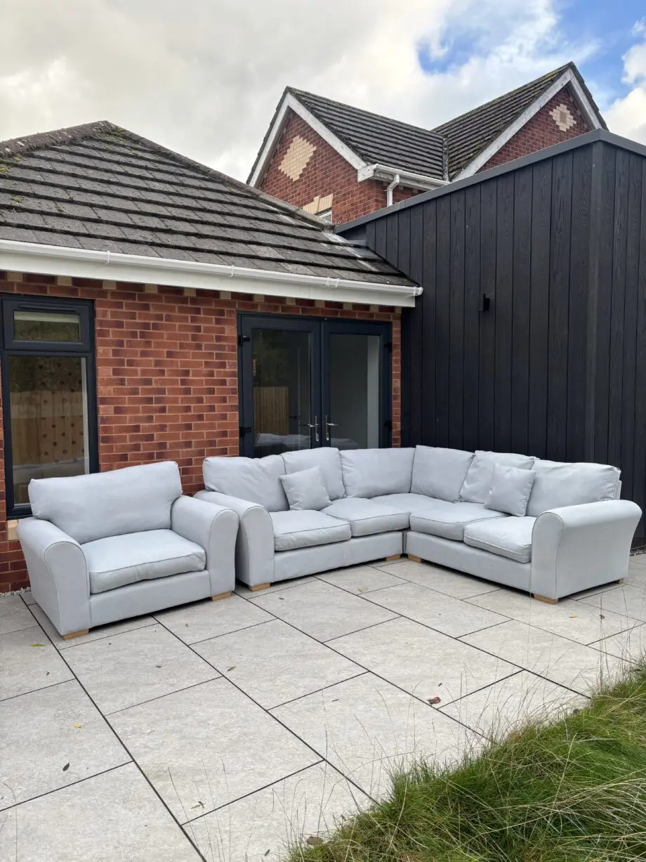 LIGHT BLUE CORNER SOFA AND ARMCHAIR