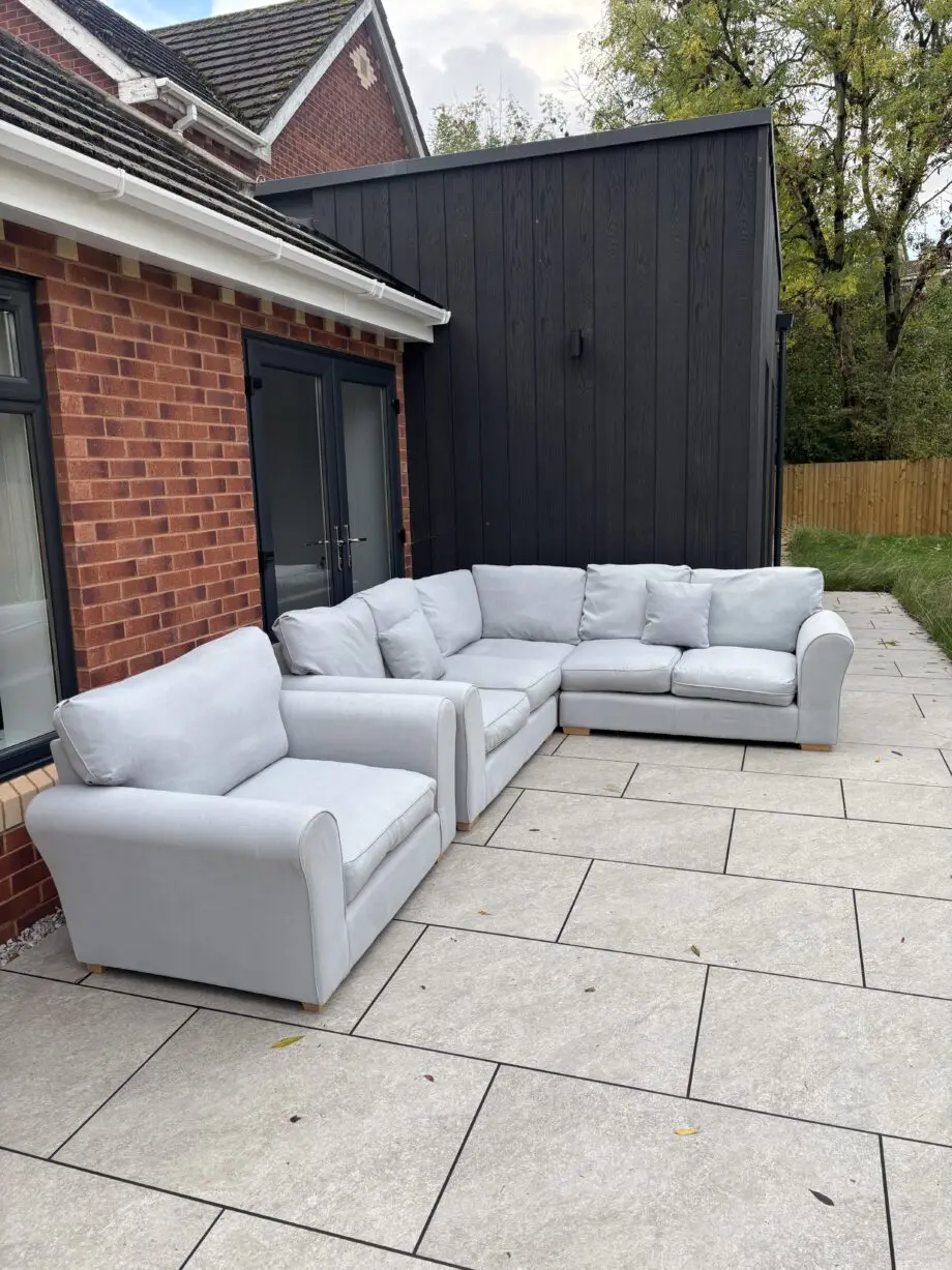 LIGHT BLUE CORNER SOFA AND ARMCHAIR