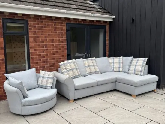DFS LIGHT BLUE CORNER SOFA AND ARMCHAIR (RRP OVER £1800)