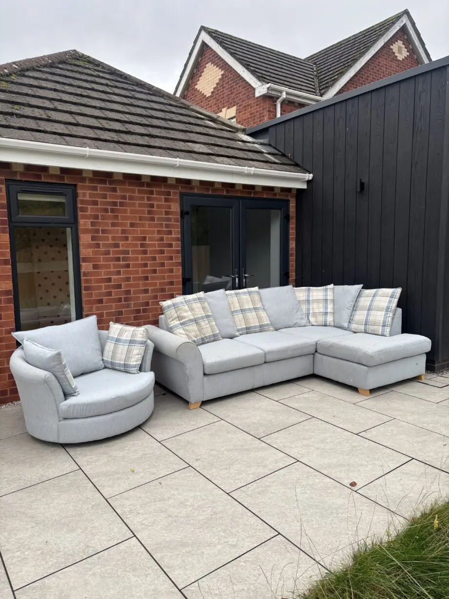 DFS LIGHT BLUE CORNER SOFA AND ARMCHAIR (RRP OVER £1800)